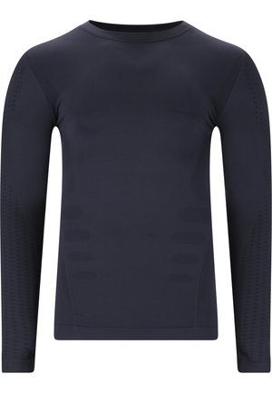 Langärmliges Sportshirt in dunklem Marineblau, aus glattem, dehnbarem Stoff gefertigt. Mit strukturierten Seitenpaneelen und körpernaher Passform für optimale Leistung.