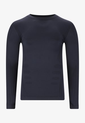 Langärmliges Sportshirt in dunklem Marineblau, aus glattem, dehnbarem Stoff gefertigt. Mit strukturierten Seitenpaneelen und körpernaher Passform für optimale Leistung.