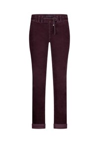 Burgundy corduroy pants with a slim fit, featuring a drawstring waist and rolled cuffs. Soft texture with vertical ribbing.