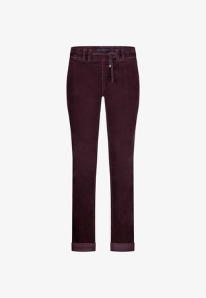 Burgundy corduroy pants with a slim fit, featuring a drawstring waist and rolled cuffs. Soft texture with vertical ribbing.
