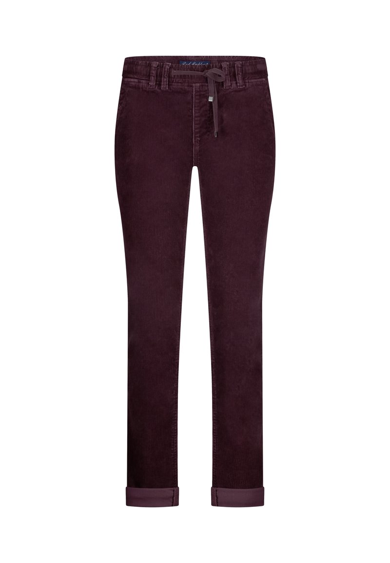 Burgundy corduroy pants with a slim fit, featuring a drawstring waist and rolled cuffs. Soft texture with vertical ribbing.