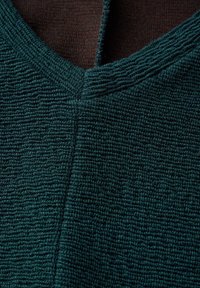 Maglione verde scuro testurizzato con scollo a V, caratterizzato da un design a coste e un interno marrone a contrasto. Il materiale sembra morbido e tessuto.
