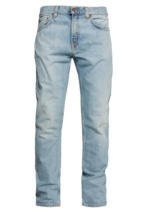 Jean en denim bleu clair avec poches avant, passants de ceinture et fermeture par bouton, présenté sur fond blanc.