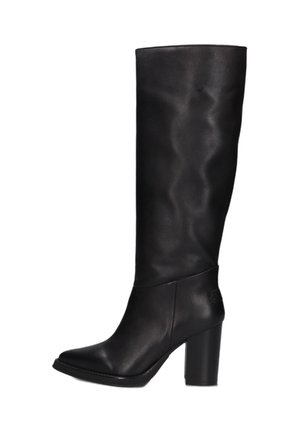 Tall black leather boot with pointed toe and block heel, designed for women, shown in side profile on white background.