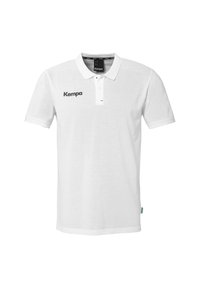 Hvid polo shirt lavet af bomuld, med en tre-knaps placket og et sort "Kempa" logo på venstre bryst. Korte ærmer og regulær pasform.