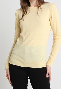 Pull ajusté jaune clair avec un col rond, des manches longues et une texture en maille lisse. Associé à un pantalon noir, mettant en valeur le contraste des couleurs.