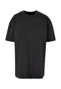 T-shirt noir à manches courtes avec col rond, design simple et coutures visibles sur le col, les manches et l'ourlet.