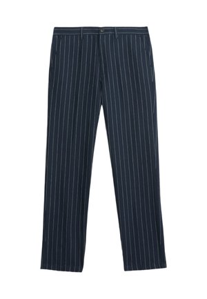 Marineblauwe broek met witte verticale streepjes, rechte broekspijpen, knoopsluiting en riemlussen. Gemaakt van een gladde stof.