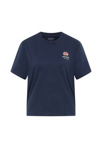 T-shirt en coton bleu marine avec un col rond, des manches courtes et un logo sur le devant représentant un crabe et le texte "MUSTANG".