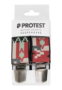 Actieve sportbretels met een veelkleurig pixelpatroon in rood, groen en beige; metalen clips; elastische banden; verpakt voor verkoop.