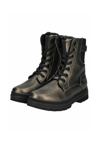 Bottes chelsea en cuir d'un vert olive métallique, doublées de fourrure, avec des lacets noirs et une semelle en caoutchouc épaisse ; dotées d'une lanière latérale et d'un détail de logo.