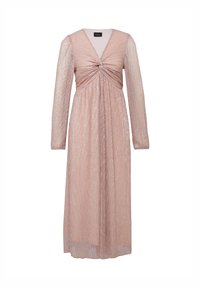 Lichtroze midi-jurk met lange mouwen, geknoopte detail op het lijfje, transparante gestructureerde stof en V-hals.