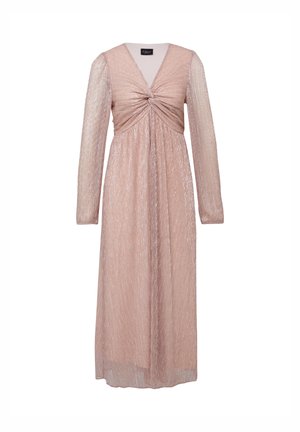 Lichtroze midi-jurk met lange mouwen, geknoopte detail op het lijfje, transparante gestructureerde stof en V-hals.