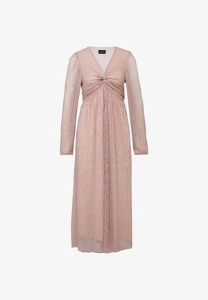Long-sleeve, light pink midi dress with twisted knot detail at bodice, sheer textured fabric, and V-neckline.