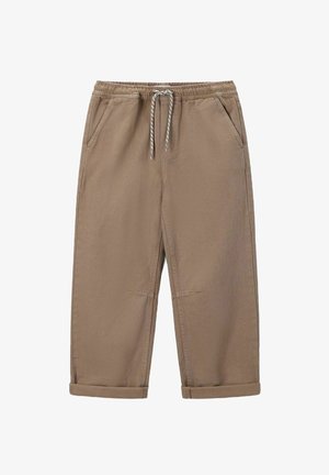 Khaki Jogginghosen aus strukturiertem Baumwollmaterial, mit elastischem Bund, Kordelzug, zwei seitlichen Taschen und umgeschlagenen Säumen.