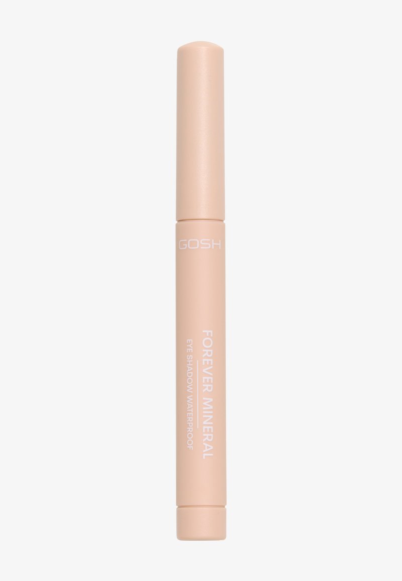 Ombre à paupières waterproof minérale GOSH Forever dans un tube cylindrique de couleur beige clair avec un texte blanc, texture lisse et un capuchon arrondi.