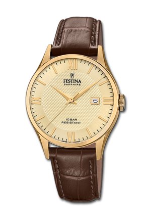 Montre-bracelet Festina ton or avec cadran texturé champagne, bracelet en cuir marron, chiffres romains, guichet date et étanchéité jusqu'à 10 bars.