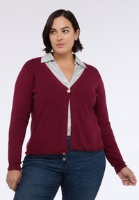 Burgundský svetr s výstřihem do V, vlnitým lemem a jediným knoflíkem. Nosič má na sobě světle šedou košili s límečkem, vyrobenou z měkké tkaniny.