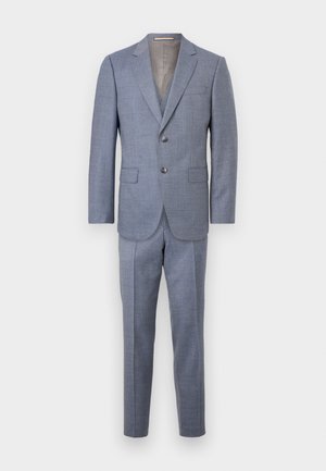 Light blue two-button men's suit with notch lapels, flap pockets, and matching tailored trousers on a white background.
