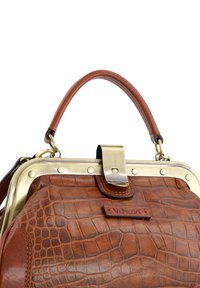 Brown leather handbag with a crocodile texture, gold-tone metal frame, and handle. Features a logo plaque and decorative studs.