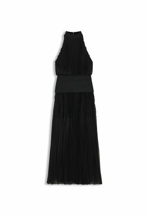 Schwarzes plissiertes Kleid mit hohem Kragen, tailliertem Oberteil und ausgestellt Rock. Mit glattem Taillenbund und strukturierten Stoffdetails.