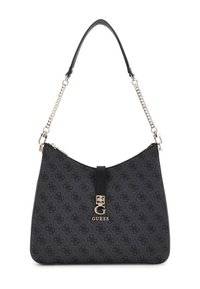 Borsa nera con una forma strutturata, dotata di una tracolla con catena, motivo a logo embossato e una placca con logo in tonalità oro sul davanti.
