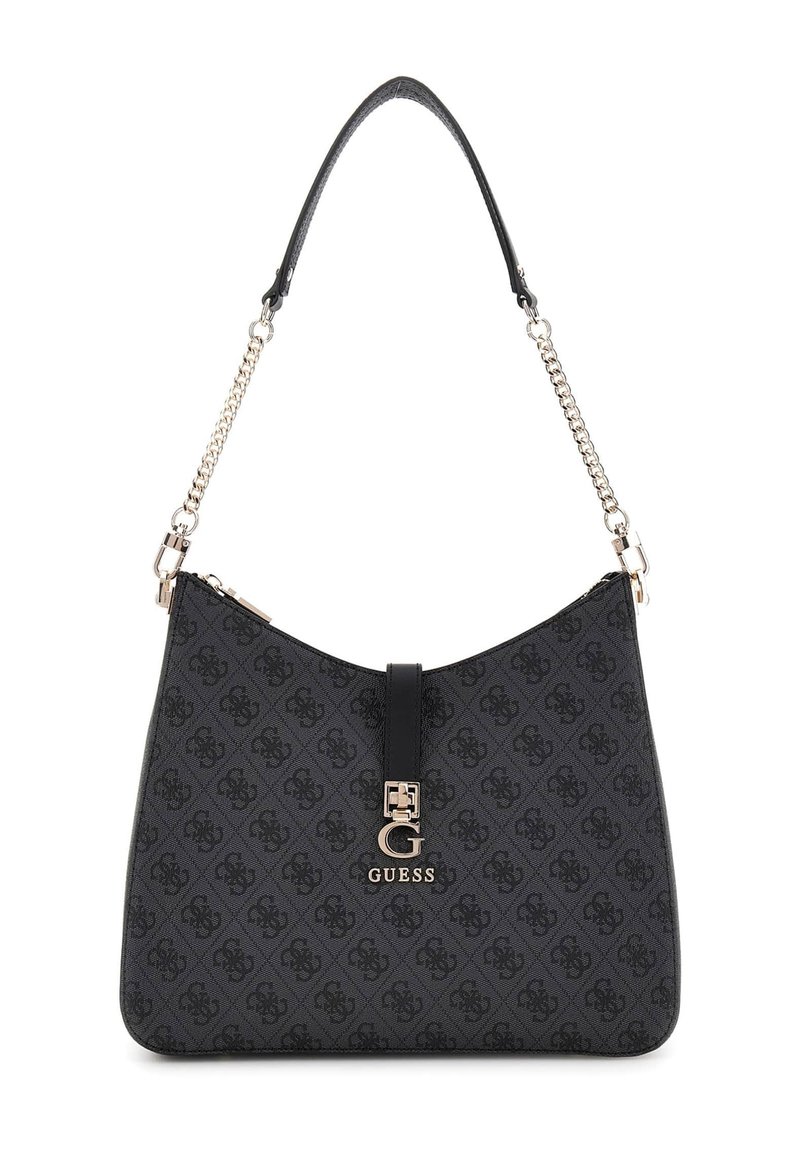 Sac à main noir au design structuré, doté d'une bandoulière en chaîne, d'un motif de logo en relief et d'une plaque logo dorée sur le devant.