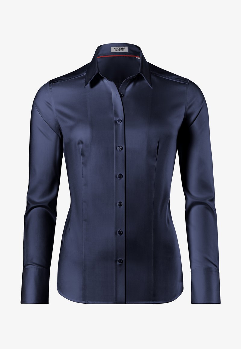 Camicia button-up blu navy con una superficie liscia e lucida; presenta un colletto, maniche lunghe e sei bottoni sul davanti per la chiusura.