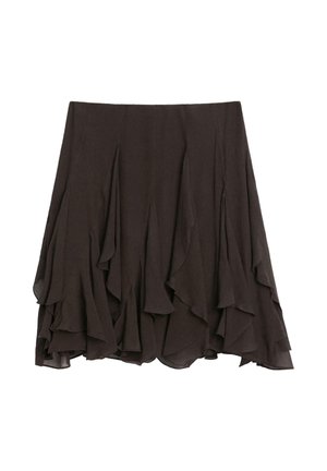 Brun, lager-på-lager kjol med volangdetaljer och mjuk textur. Har en flödande siluett och är knälång, tillverkad av lätt material.