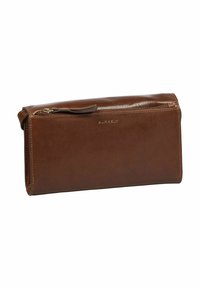 Pochette en cuir marron avec fermeture éclair supérieure et logo "Burkely" embossé sur le devant.