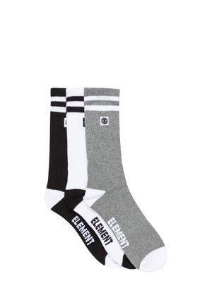 Tre paia di calzini da uomo a costine, in nero, bianco e grigio, con due strisce sulla parte superiore e la scritta "ELEMENT" sulla suola.