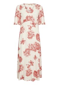 Robe midi couleur crème avec manches courtes et grands imprimés floraux rouges, avec un col rond et une coupe ample et fluide.