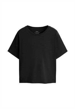 T-shirt nera a maniche corte con scollo rotondo e vestibilità comoda, mostrata su uno sfondo bianco.