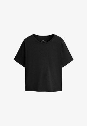 T-shirt nera a maniche corte con scollo rotondo e vestibilità comoda, mostrata su uno sfondo bianco.