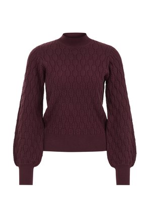 Pull en tricot bordeaux avec un motif en câble texturé, col haut et manches ballons. Poignets et ourlet côtelés.