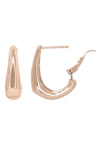 Roségoldene Creolen mit glatter Oberfläche, die ein geometrisches Design, einen Klappverschluss und eine variierende Breite für visuelles Interesse aufweisen.