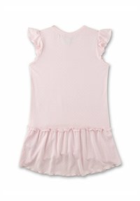 Abito rosa chiaro con maniche corte a volant, scollatura rotonda e orlo a volant svasato. Il materiale presenta un delicato motivo a pois.