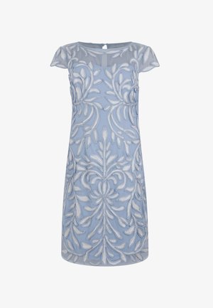 Vestito azzurro chiaro fino al ginocchio con maniche a sbuffo trasparenti e motivi di viti floreali bianche ricamate su tutta la superficie.
