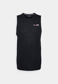 Czarny bezrękawnik sportowy z małym logo Tommy Hilfiger na lewej piersi, na tle białej płaszczyzny.