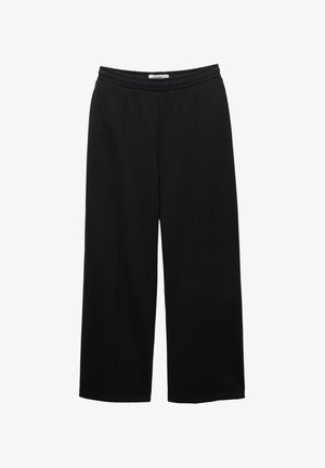 Black wide-leg trousers with an elastic waistband, featuring a smooth texture and two front pleats for added detail.