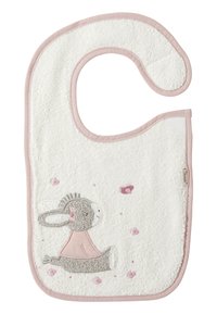 Terry cloth bib in white with pink trim, featuring a gray bunny design and small pink accents. Rounded shape with a neck opening.