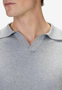 Grå stickad tröja med V-ringning och kort krage. Funktioner vertikal ribbstruktur, lätt material och en ren design.