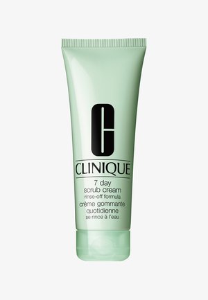 Grøn plastikrør med Clinique 7 Day Scrub Cream. Sort tekst på fronten, flip-top låg, produktet har en formel, der skylles af. Glat tekstur.