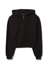 Sudadera corta negra con cremallera frontal, mangas largas y una gran capucha. Fabricada en un tejido suave con puños y dobladillo de canalé.