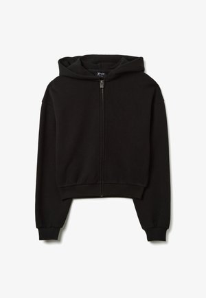 Black cropped hoodie with a front zipper, long sleeves, and a large hood. Made from soft fabric with ribbed cuffs and hem.