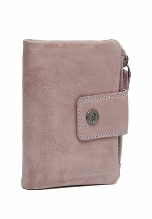 Rosa Lederbörse mit glatter Textur, rechteckiger Form, Druckknopfverschluss und Metallakzent. Verfügt über einen Reißverschluss an der Seite für sicheren Stauraum.
