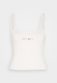 Biała bawełniana koszulka na ramiączkach z cienkimi paskami, z wielokolorowym logo "Tommy Jeans" z przodu. Dopasowany krój i gładka tekstura.