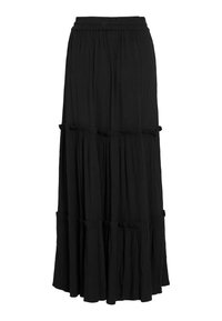 Longue jupe noire à volants avec taille élastique froncée et tissu subtilement texturé.