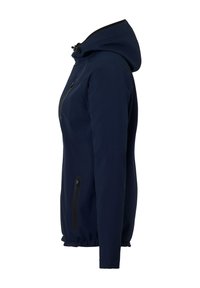 Veste bleu marine avec capuche, fabriquée en tissu doux. Dispose d'une poche zippée sur la poitrine gauche et de poignets élastiques. Coupe et silhouette classiques.