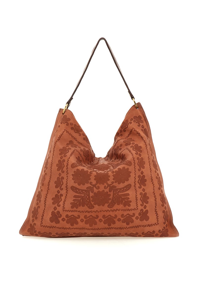 Borsa tote in pelle marrone con motivi floreali e foglie in rilievo, dotata di un'unica tracolla in pelle marrone scuro con dettagli in metallo dorato.